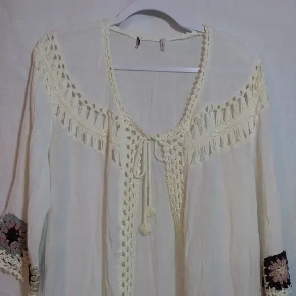 Oliver by Escio Boho Gauzy Cardigan Crochet Granny Square Trim Tie Front Size L - Picture 2 of 9